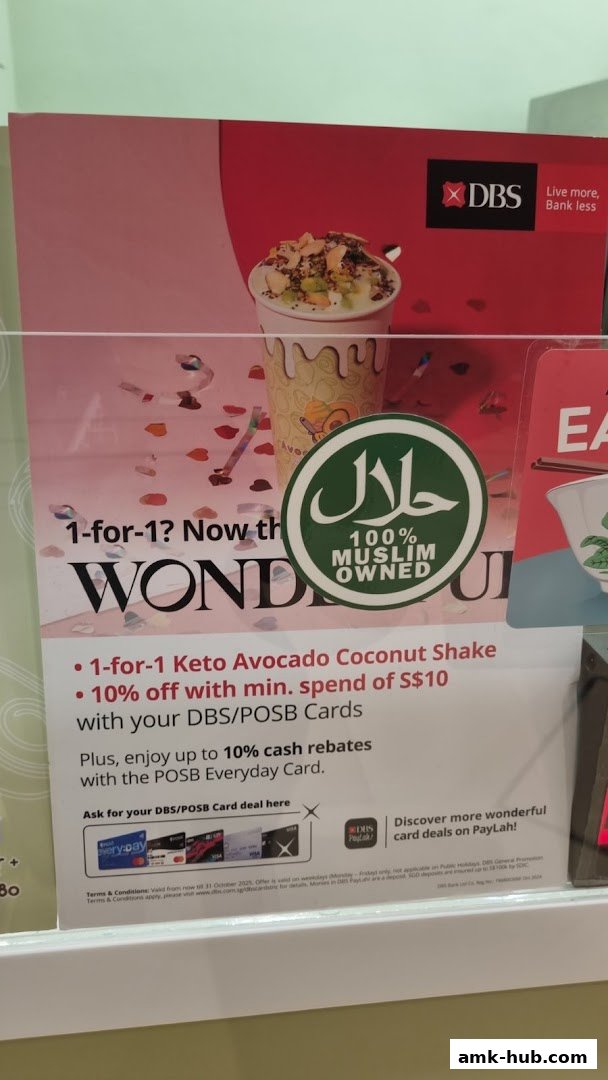 A promotional poster for Avocadoria featuring a 1-for-1 deal on Keto Avocado Coconut Shake with DBS/POSB cards.