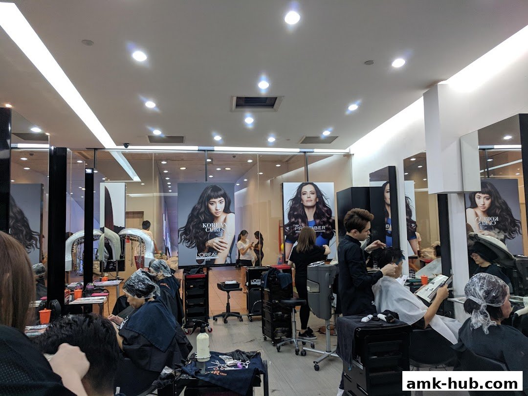 Interior of a busy hair salon with stylists attending to clients and L'Oréal advertisements.