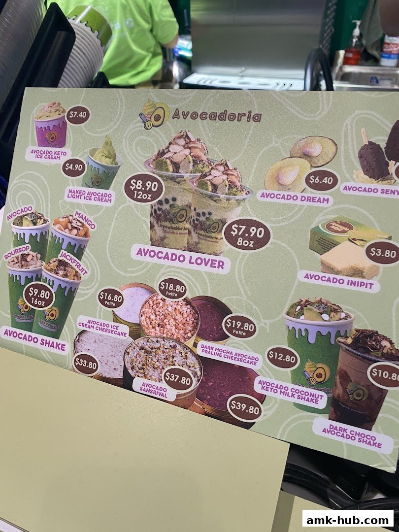 A menu board for Avocadoria, showcasing various avocado-based desserts and drinks.
