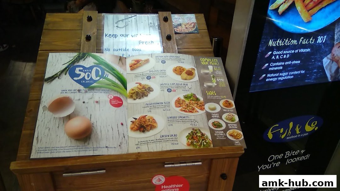 A menu display for Fish & Co. featuring seafood dishes and nutritional information.