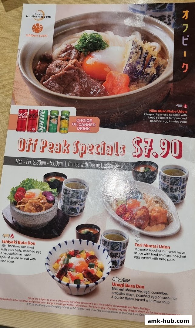 A menu featuring Japanese noodle and rice dishes with off-peak specials.