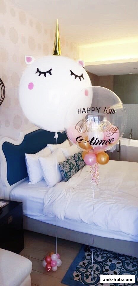A unicorn-themed balloon arrangement with personalized text for a birthday celebration.