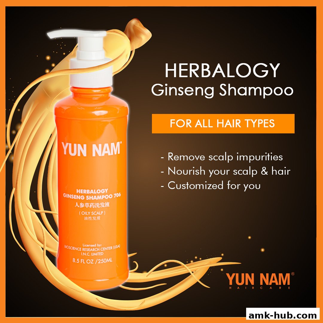 A bottle of Yun Nam Herbalogy Ginseng Shampoo with text highlighting its benefits.