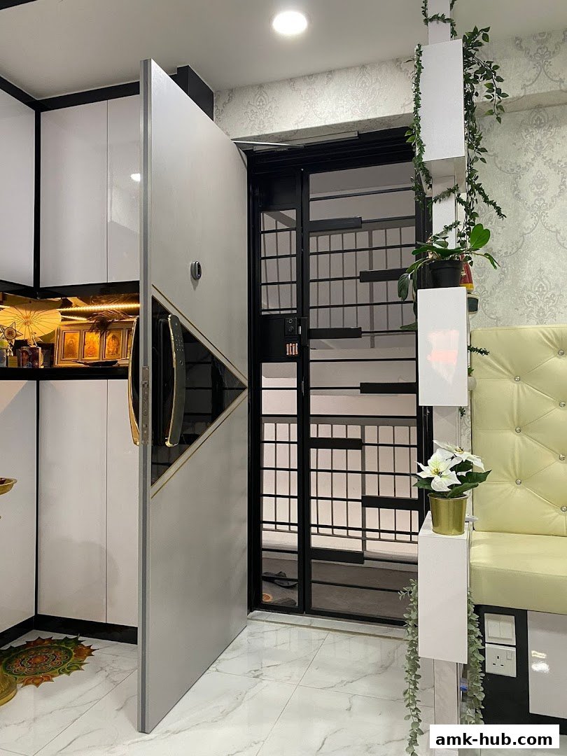 A modern apartment entrance with a sleek digital lock on a large grey door.