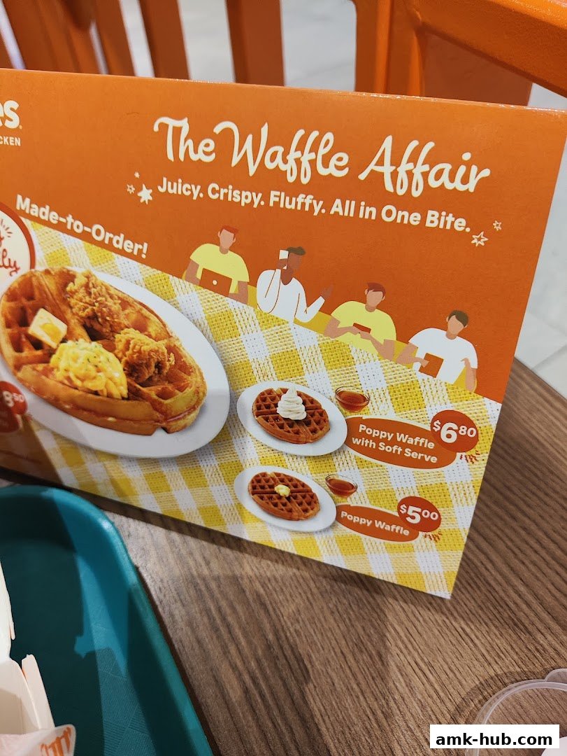 A menu featuring Popeyes' Waffle Affair with chicken and waffles.