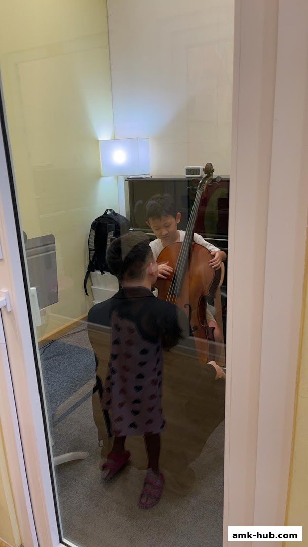 A young boy receives cello instruction from a teacher in a soundproof room.