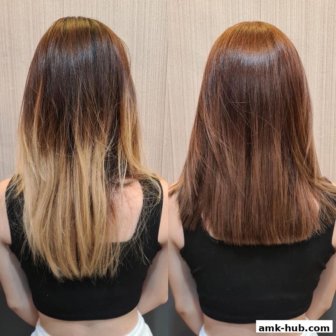 Before and after comparison of a woman's hair transformation at HG Hair Solutions.
