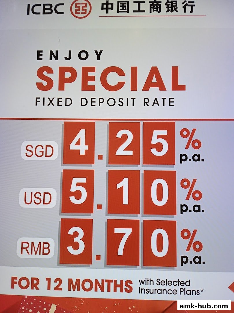 A sign advertising special fixed deposit rates for ICBC bank in SGD, USD, and RMB.