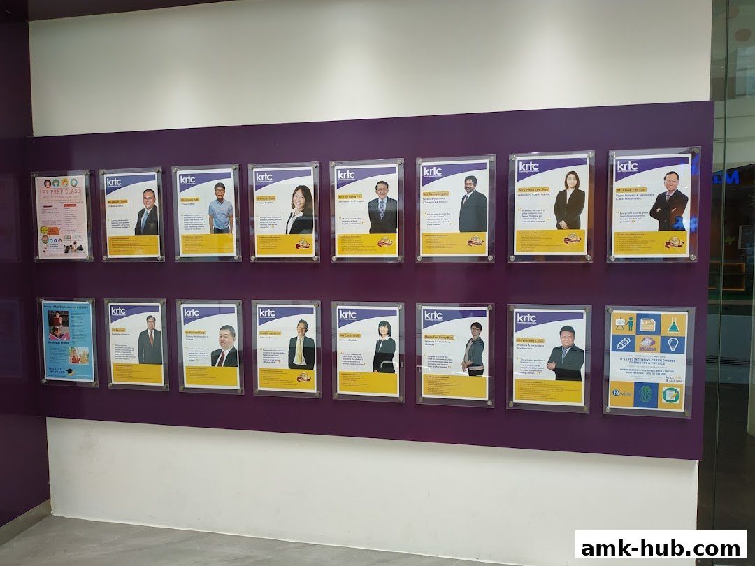A wall display featuring framed posters of teachers and course information for KRTC.