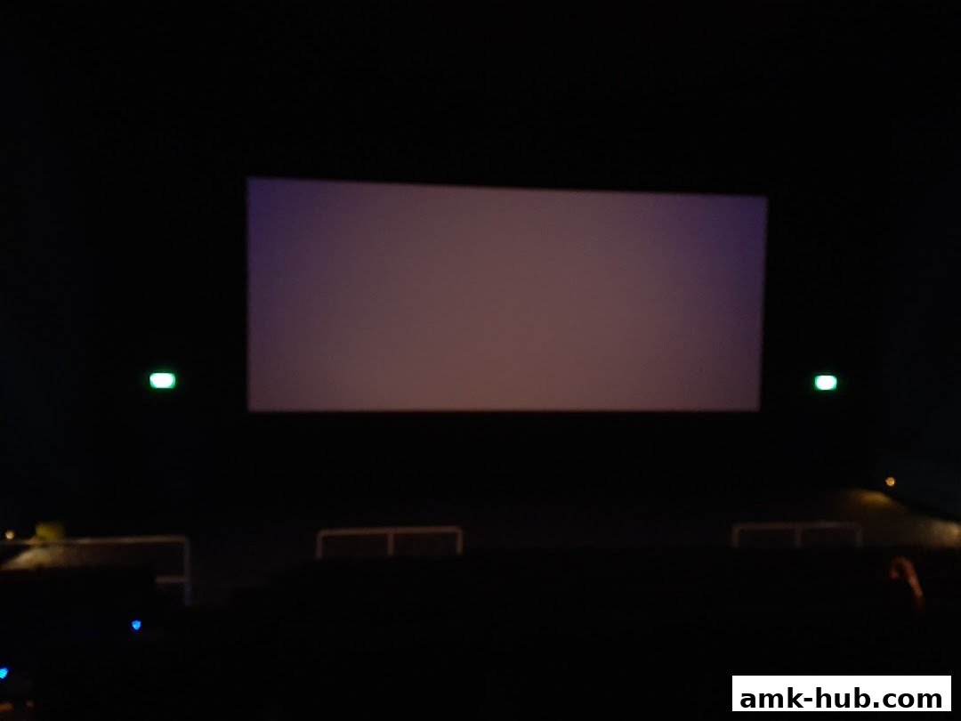 A dimly lit cinema hall with a large, blank screen and illuminated exit signs.