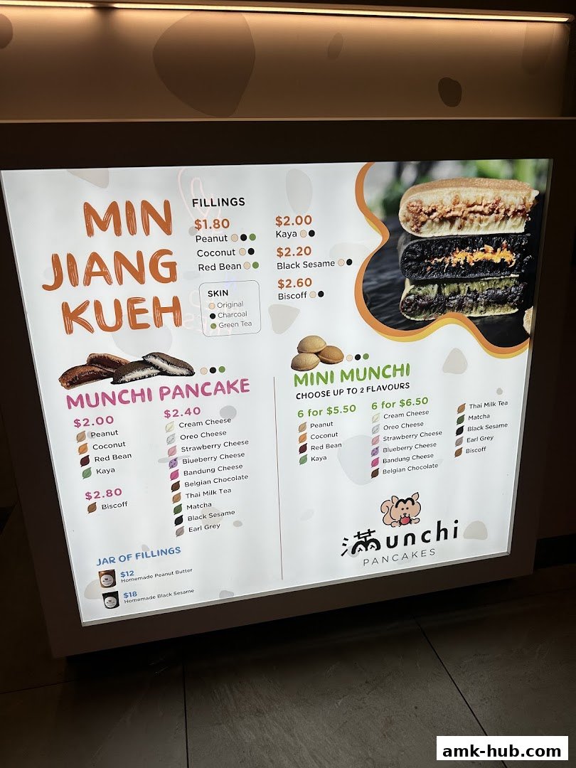A brightly lit menu board for Munchi Pancakes, showcasing various fillings and pancake options.