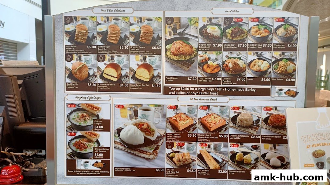 A menu board displaying various food and drink items from Heavenly Wang.