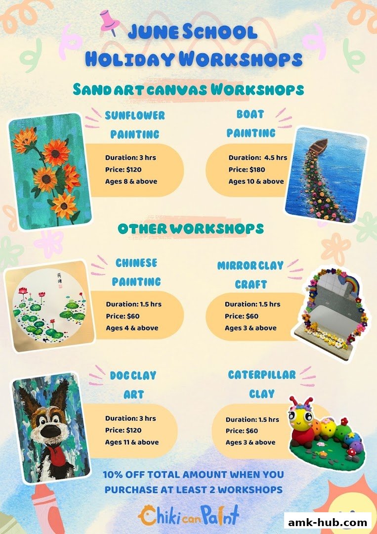 A flyer advertising June School Holiday Workshops for painting and clay crafts.