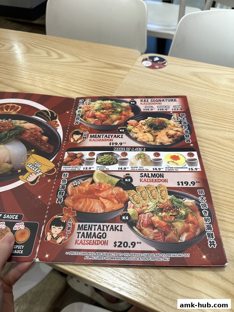 A menu from Kei Kaisendon AMK HUB featuring various Kaisendon dishes with prices.