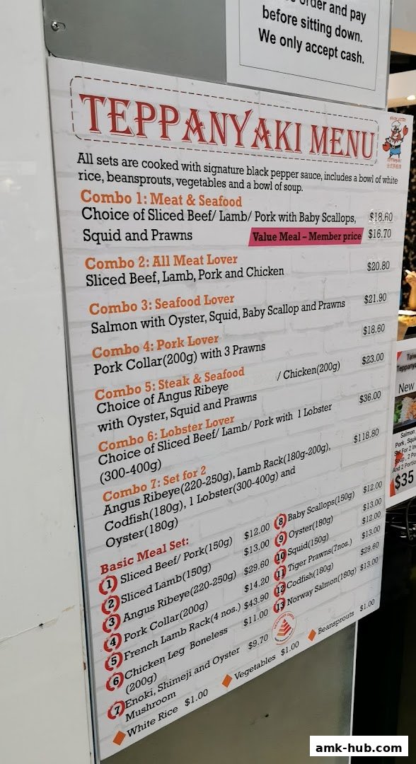 A Teppanyaki menu with various combo meals and basic meal sets with prices.