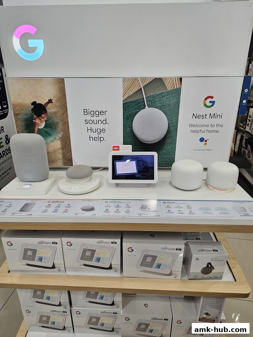 A display of Google Nest smart home devices, including Nest Hub and Nest Mini.