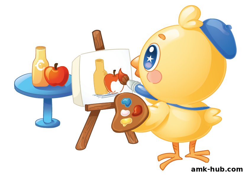 A cute cartoon chick wearing a beret paints a still life of a bottle and apple.