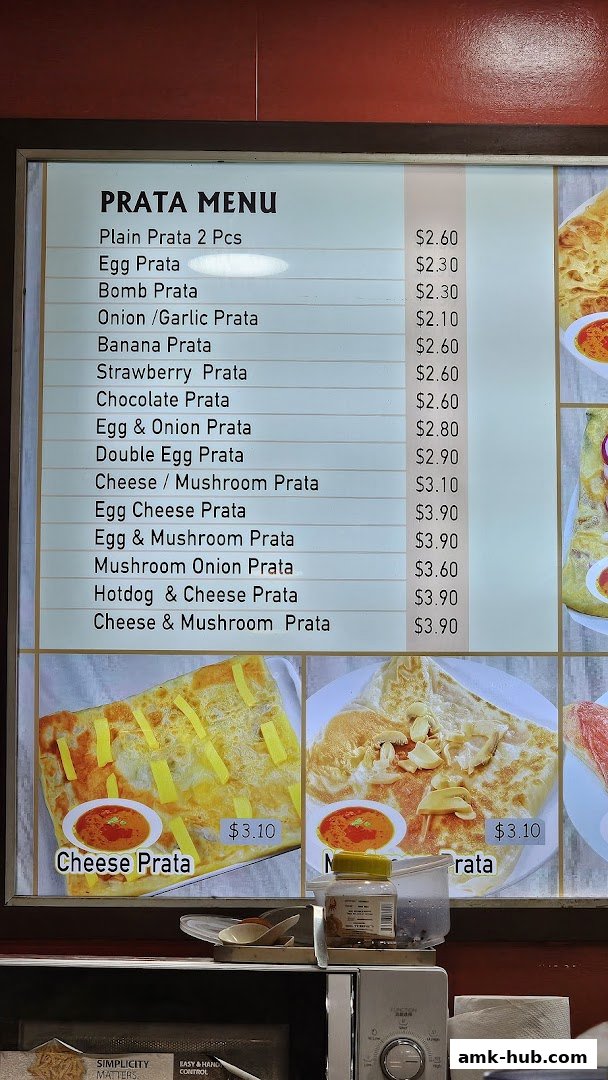 A menu board displaying various types of Prata with prices and accompanying images.