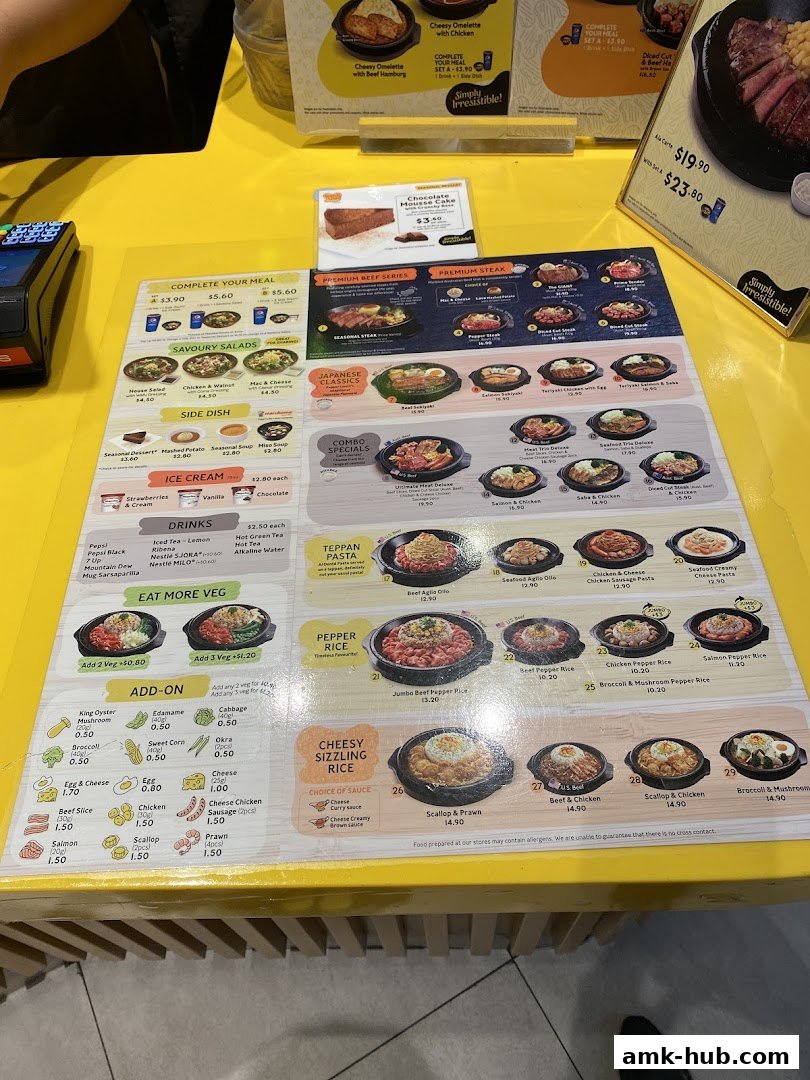 A menu from Pepper Lunch showing various steak, rice, and pasta dishes with prices.