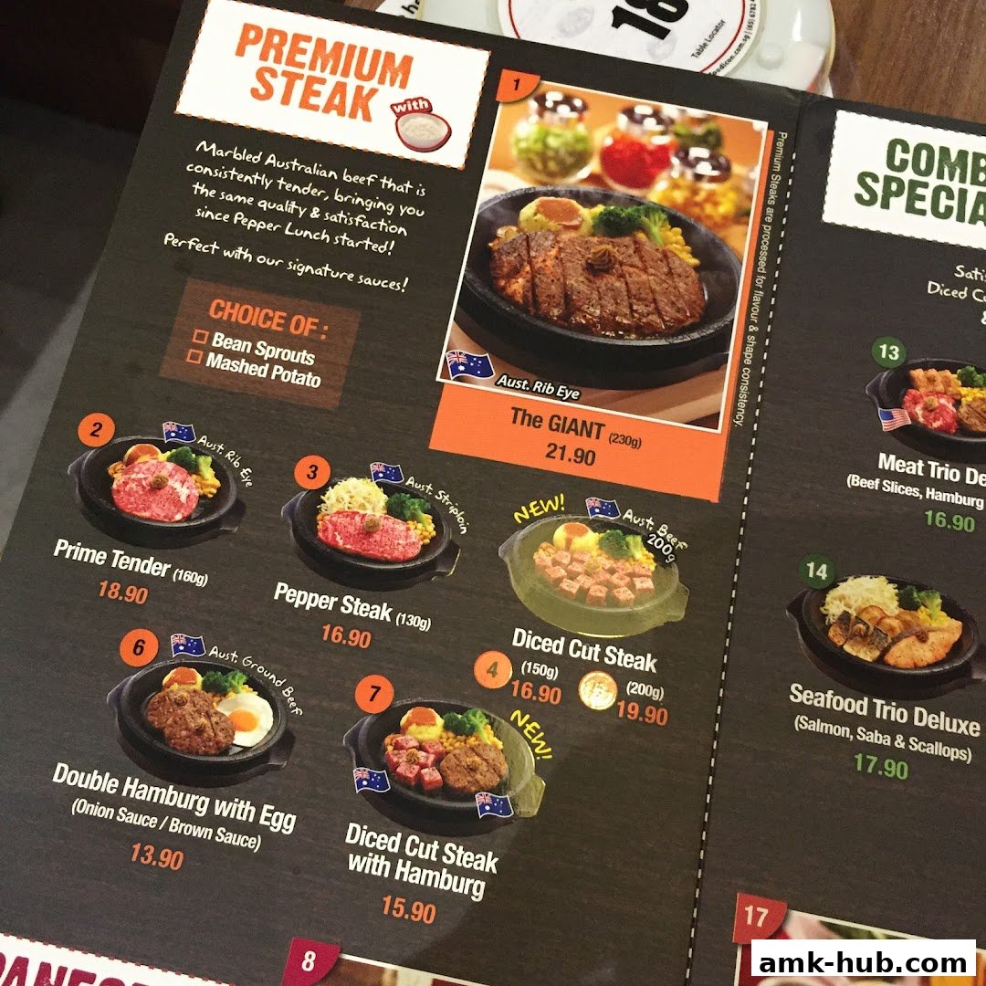 A menu page showcasing premium steaks and combo specials with appetizing food photography.