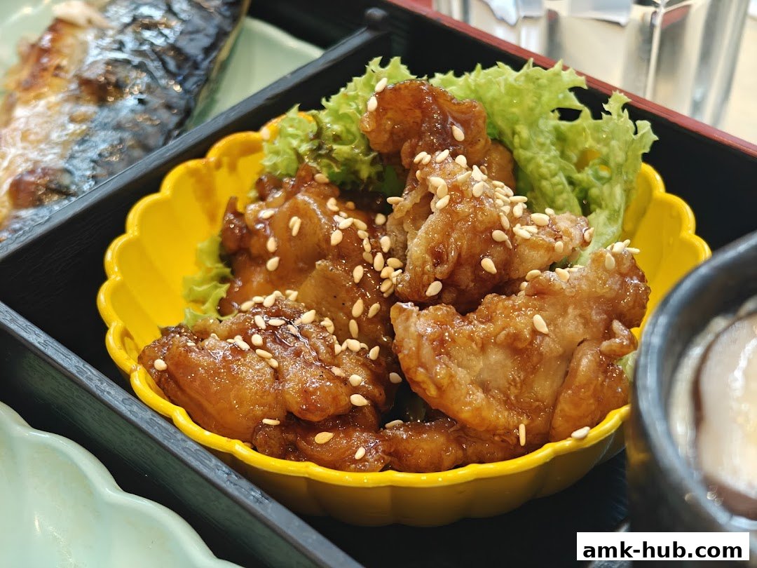 A close-up of a Japanese bento box with teriyaki chicken and grilled fish.