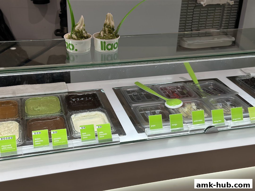Frozen yogurt with various sauces and toppings displayed in a refrigerated case.