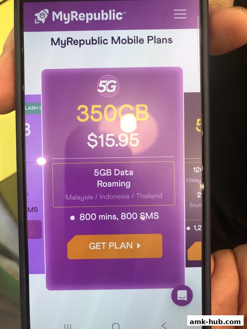A smartphone screen displays MyRepublic mobile plans with a 350GB data offer.