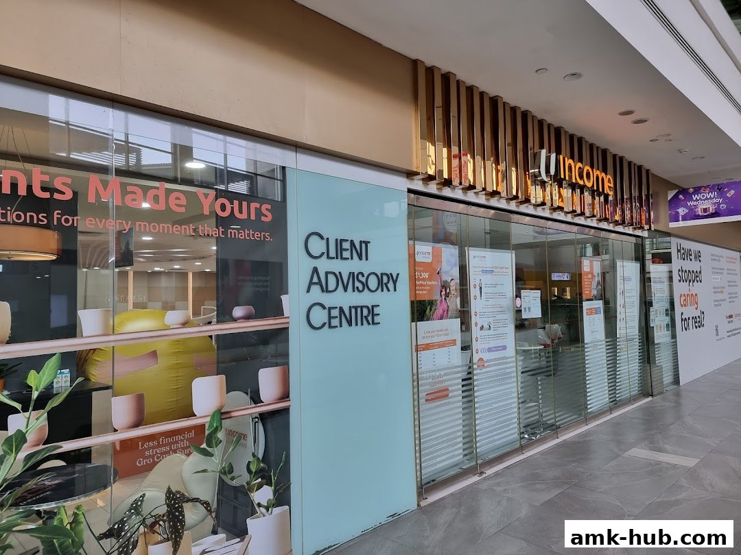 The exterior of the Income Insurance Client Advisory Centre with large glass windows and signage.