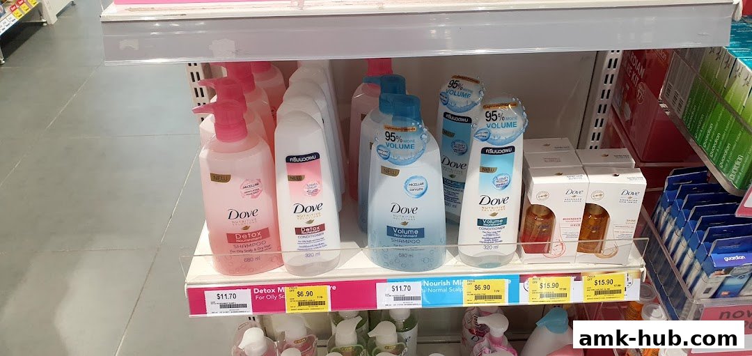 Shelves stocked with Dove shampoo and conditioner bottles, along with other health and beauty products.