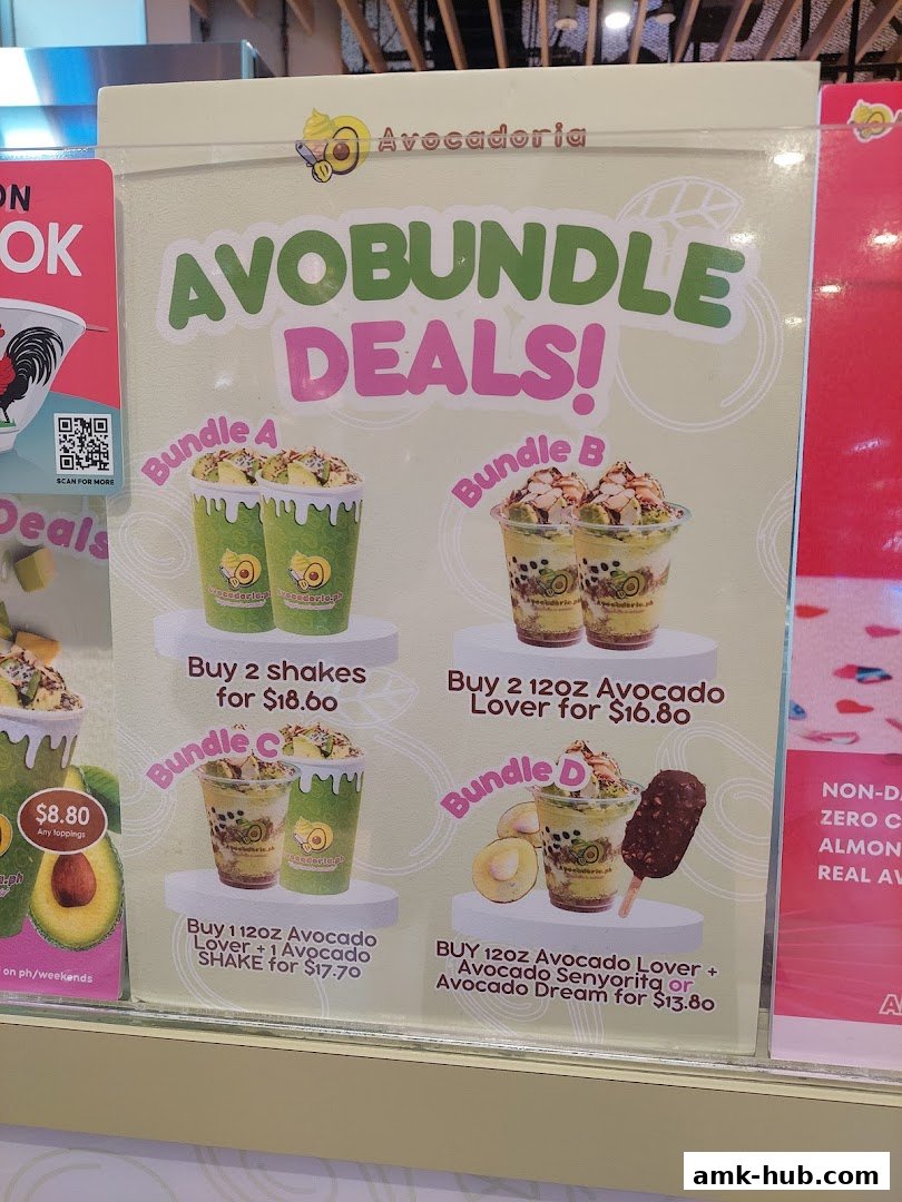 A menu board showcasing Avocadoria's 'Avobundle Deals' with various shake and dessert combinations.
