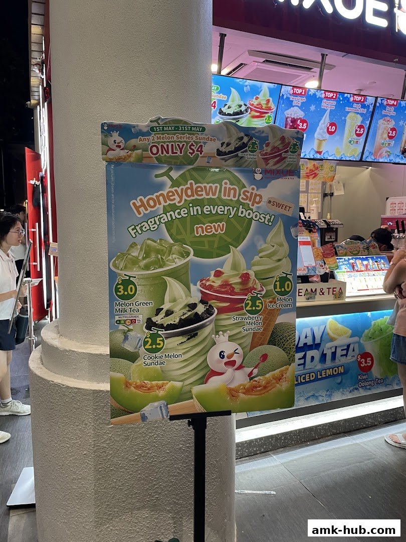 A promotional sign for MIXUE's honeydew flavored ice cream and drinks, featuring special offers.