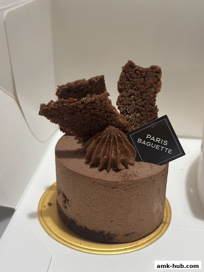 A close-up of a decadent chocolate cake with intricate chocolate decorations and a Paris Baguette logo.