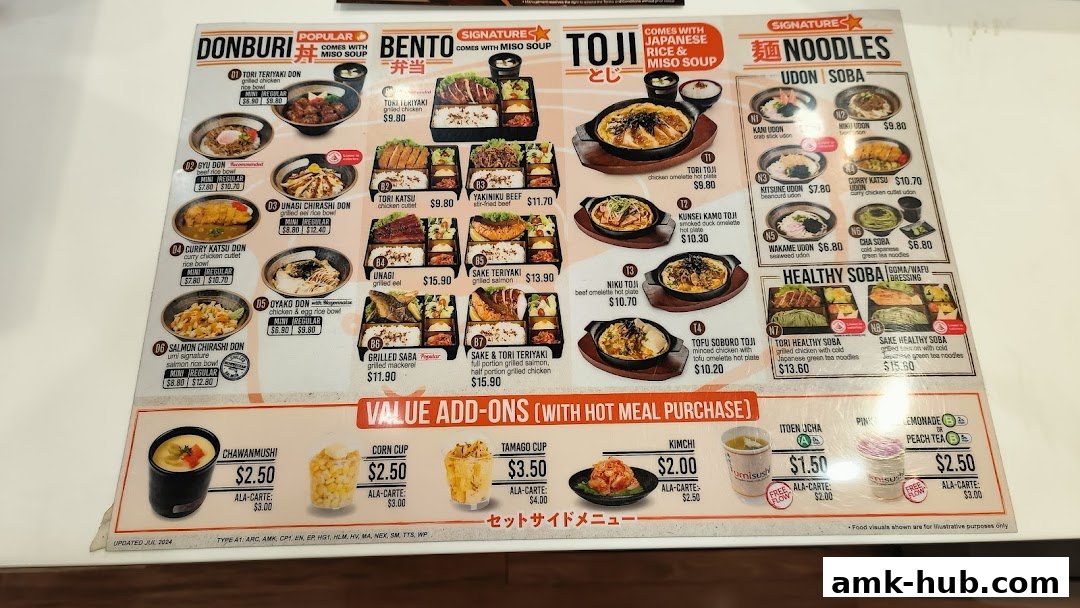 A menu from umisushi featuring Donburi, Bento, Toji, and Noodle dishes with prices.