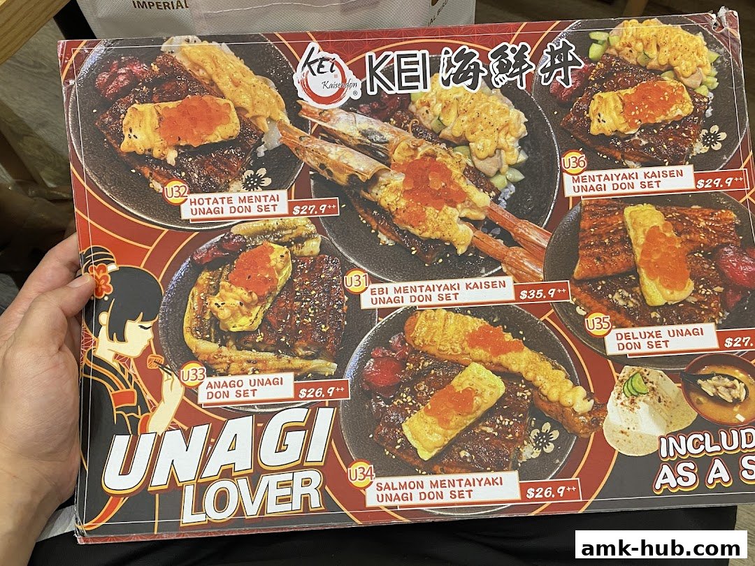 A menu featuring various Unagi Don sets with prices and appetizing images.