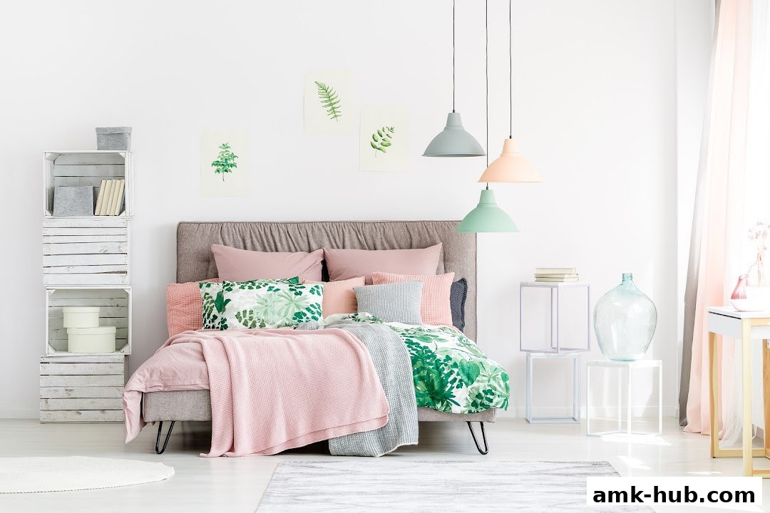 A beautifully styled bedroom with a bed, pillows, blankets, and decorative items.