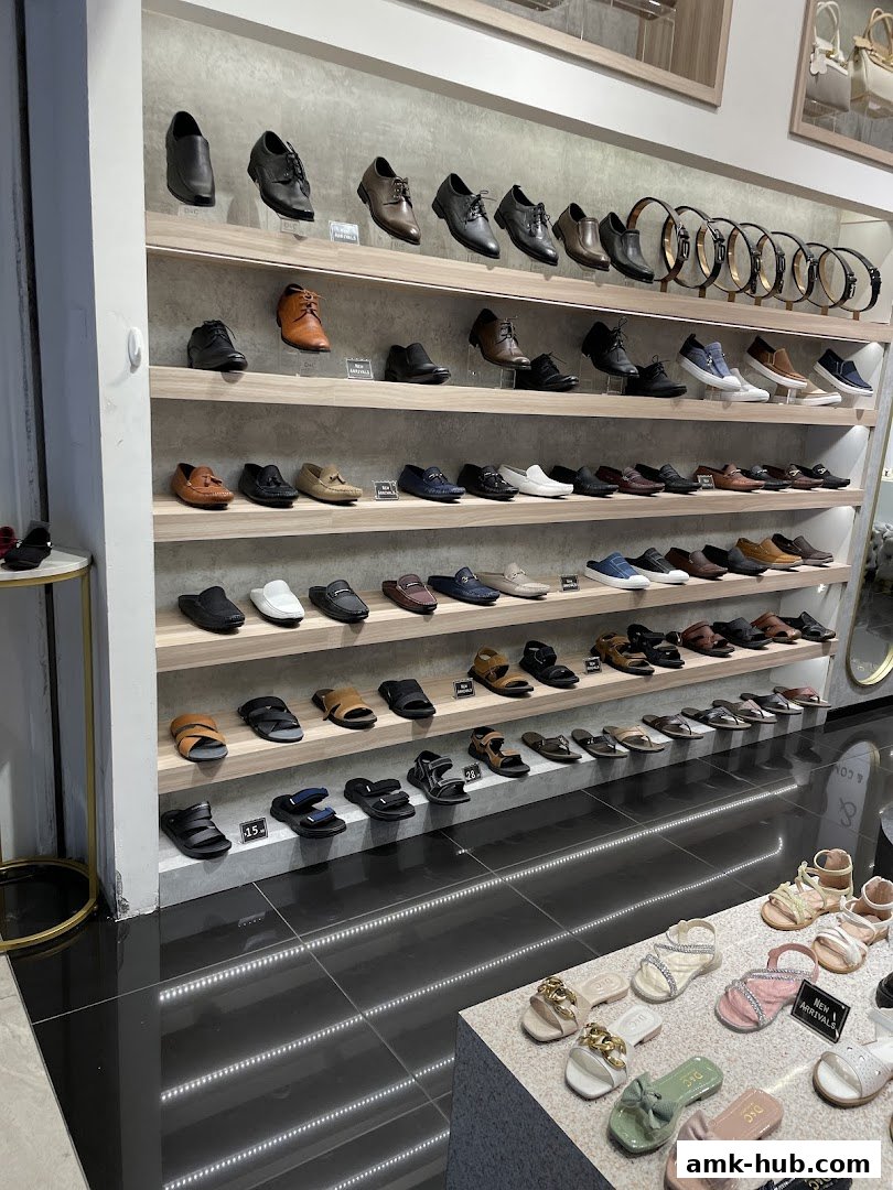 A well-organized shoe store displaying a wide variety of men's and women's footwear on shelves.
