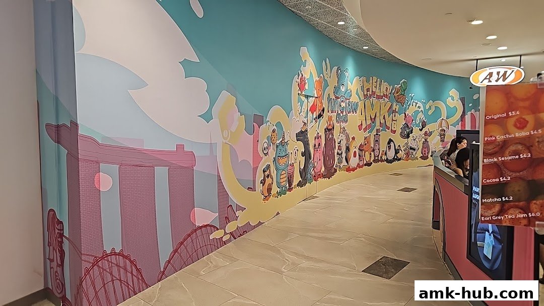 A colorful mural adorns a curved wall next to an A&W food stall with a menu displayed.