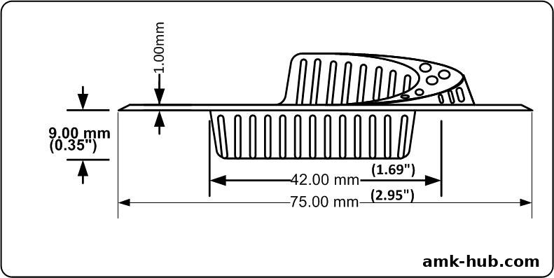 Technical drawing showing dimensions of a product with a comb-like structure.