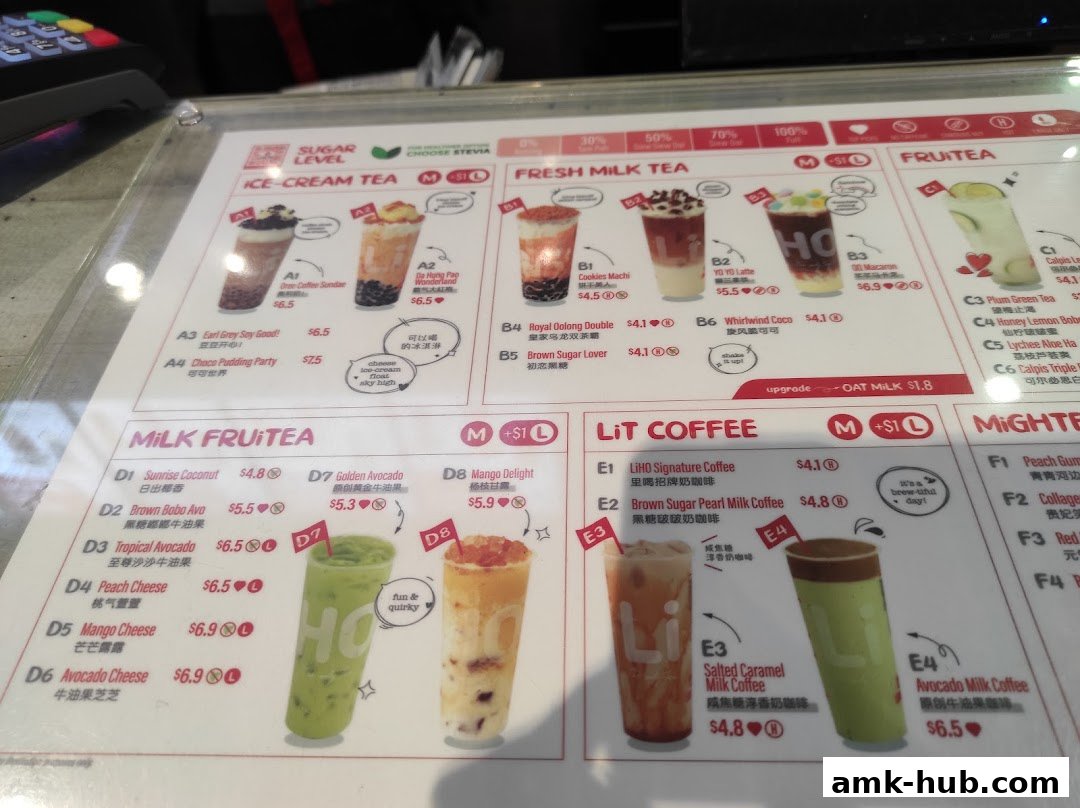 A menu from LiHO TEA featuring various milk teas, fruit teas, and coffee drinks with prices.