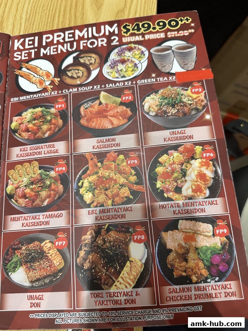 A menu for Kei Kaisendon featuring premium set meals for two with various Kaisendon dishes.