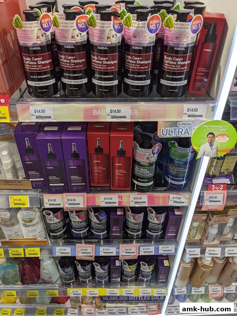 Shelves stocked with various hair care products, including shampoos and treatments, with prices displayed.