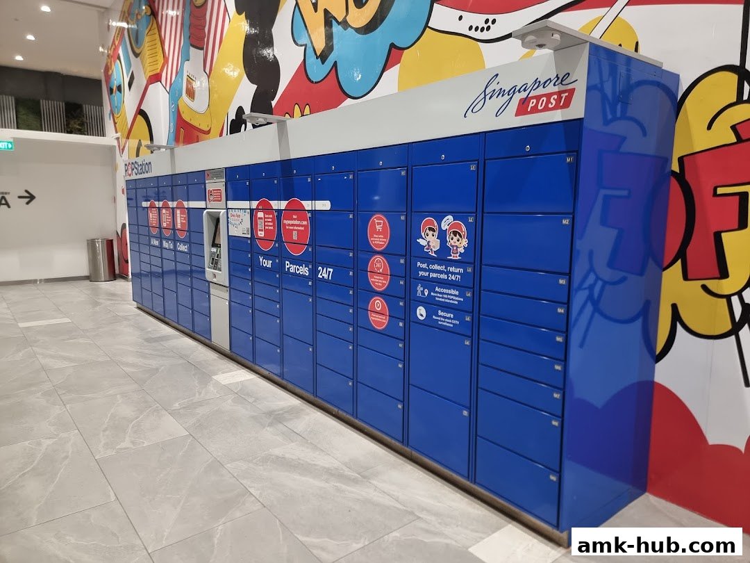 A POPStation parcel locker bank with Singapore Post branding and colorful wall art.