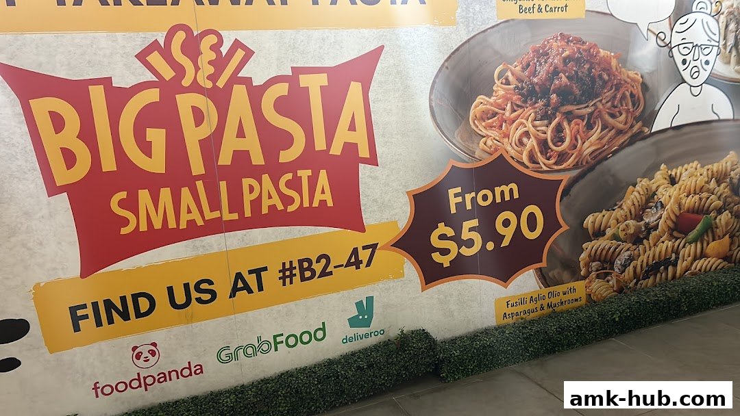 A sign for Big Pasta Small Pasta featuring pasta dishes and delivery service logos.