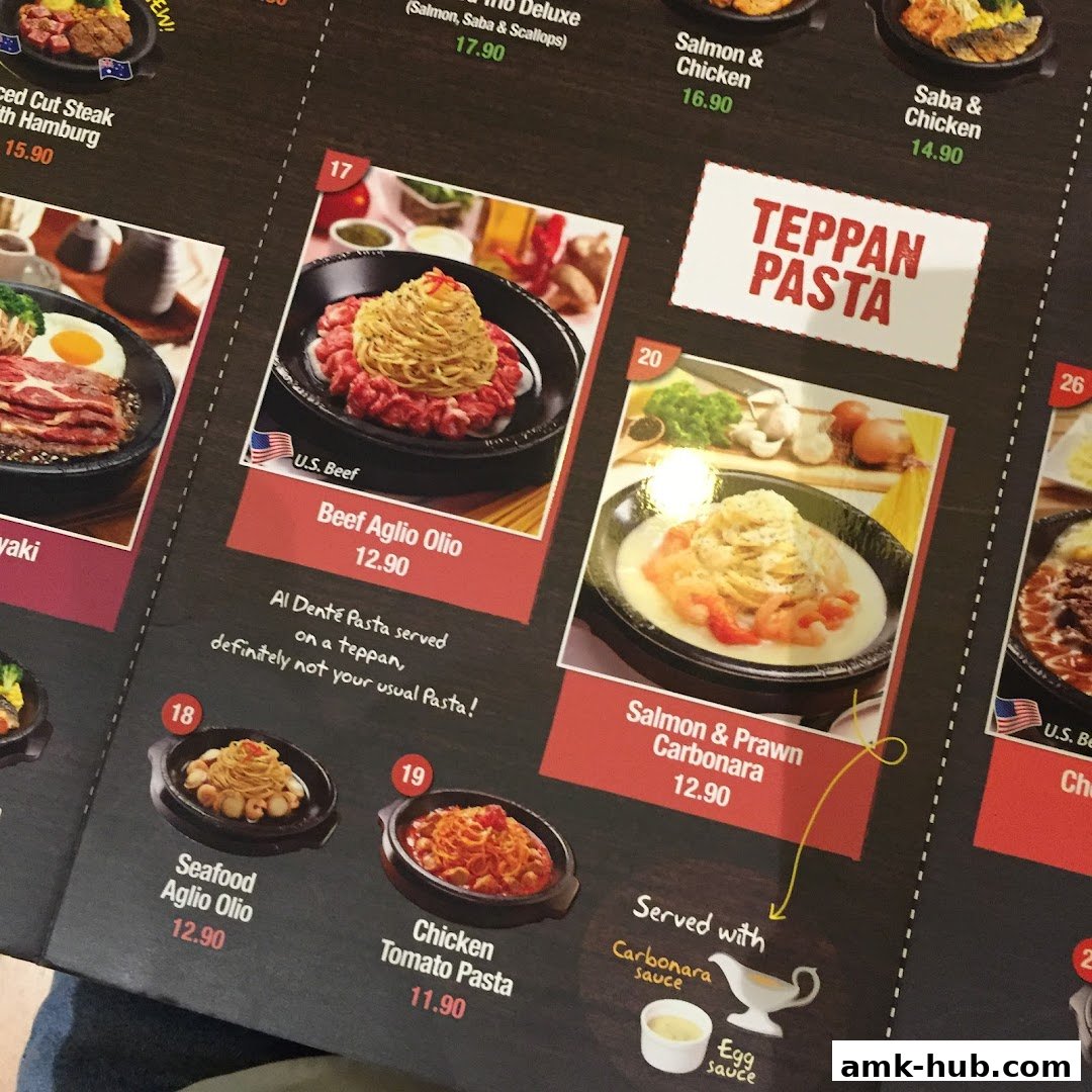A menu showcasing various pasta dishes served on a teppan.