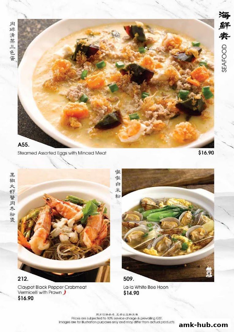A menu page showcasing three seafood dishes with prices and descriptions.