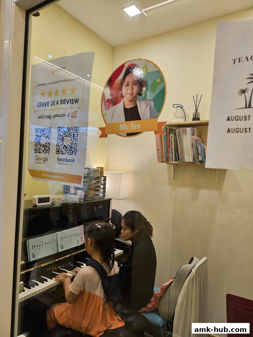 A student receives a piano lesson from a teacher at Aureus Academy.