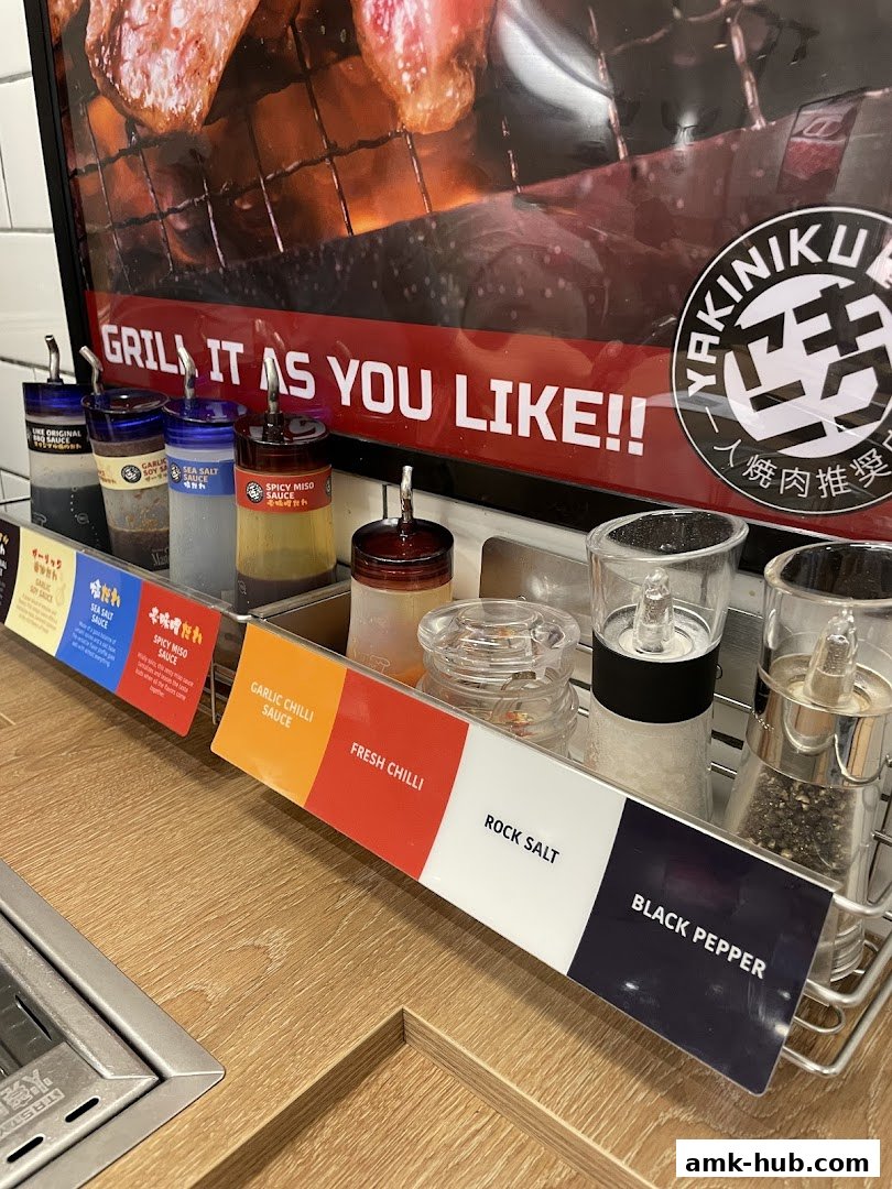 Condiments and sauces available for grilling at Yakiniku Like.