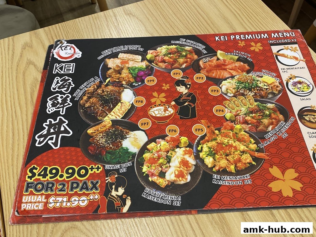 A menu from Kei Kaisendon featuring various premium Kaisendon sets and a special offer for two.