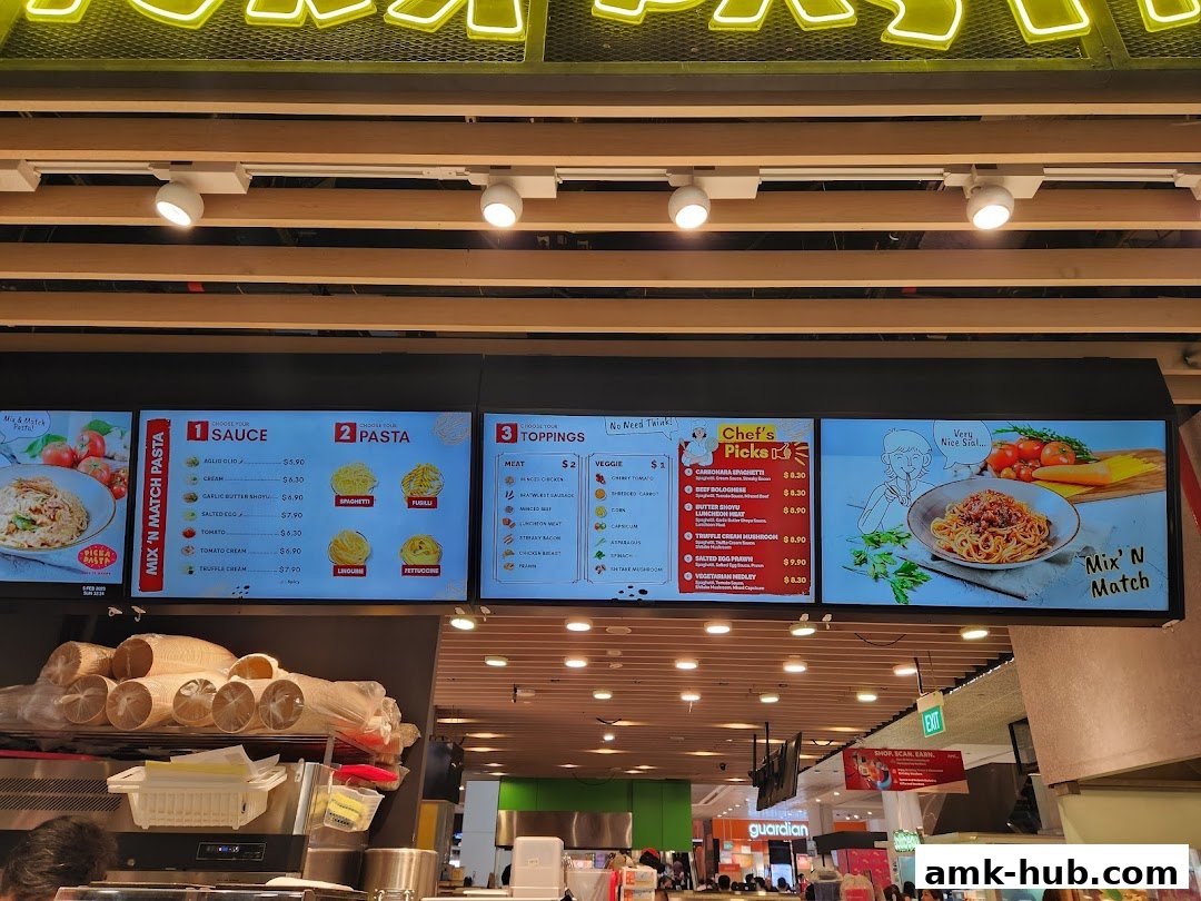 Digital menu boards displaying pasta sauces, pasta types, toppings, and chef's picks.