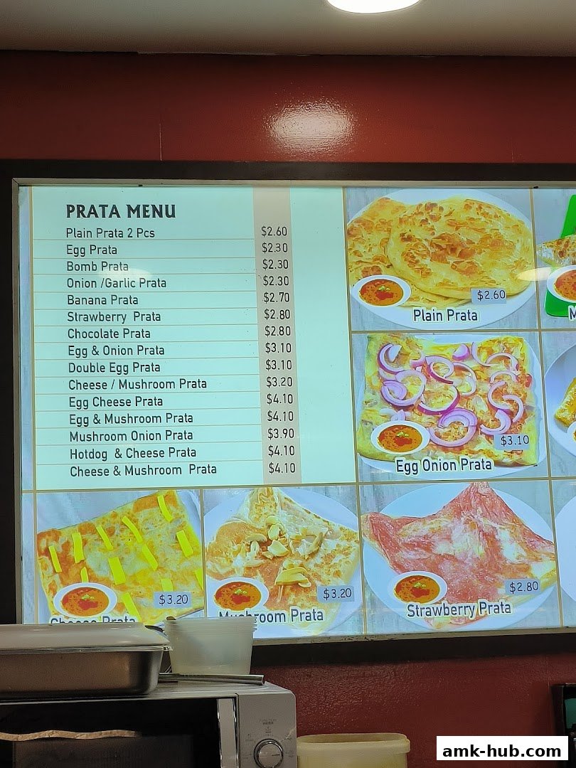 A menu board displaying various types of prata with prices and images.